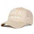 Beige trucker hat with Cool It Cowboy embroidery and rope detail on a mesh cap - One Size / Khaki