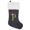 Detailed view of grey velvet Christmas stocking with white fur trim and golden letter P - Letter P