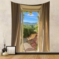 Detail of bohemian tapestry featuring a realistic window view with 3D landscape scenery - Gt230314 / 73X95CM (Brushed Fabric)