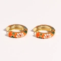 Detail of 18K gold plated hoop earrings with orange enamel and pink flower patterns - Orange Style (Style 4)