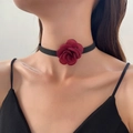 Velvet burgundy rose fabric choker with a minimalist black cord for a stylish summer look - Burgundy
