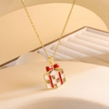 Gold Christmas gift box necklace with red enamel bow and colorful zircons for women - Christmas Gift / Gold