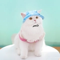 Detail view of light blue pet sun hat with adjustable cord worn by cat on stand - Tie-dye Light Blue