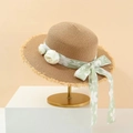 Damen Strohhut mit Blumenband und ausgefranster Krempe auf goldenem Ständer - M(56-58cm) / Khaki