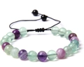 Adjustable braided bracelet with natural light green and purple fluorite stone beads - Purple Green Agate
