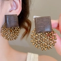 Detail of woven rattan round pendant earrings with wood texture square stud accents - 11# Silver Earring Post-Coffee-Square