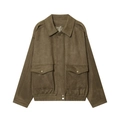 Chaqueta utility clásica de ante marrón con bolsillos múltiples y estilo de cuello retro - S / Verde oliva