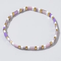 Bohemian Tila bead bracelet featuring gold, white and purple square beads on elastic - White Purple Gold Patchwork