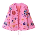 Pink cotton linen cardigan for women with bohemian floral embroidery and tie closure - S / Rose Red