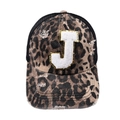 Leopard print baseball cap with sequined letter J patch and breathable mesh back - Letter J (Black Leopard)