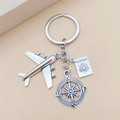 Travel keychain with silver airplane, compass, and passport charms on a metal ring - 3#-Airplane Compass Passport