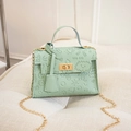 Detalle de bolso Kelly verde menta con diseños grabados y correa de cadena en tono dorado - Verde