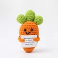Detailed knit carrot doll holding a card saying I carrot a lot about you with green leaves - Thin Carrot With 3 Leaves J Card