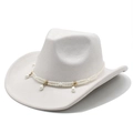 White felt bridal cowboy hat with double-layered pearl chain and golden bead accents - Cream
