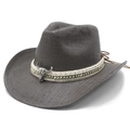 Cappello da cowboy intrecciato marrone scuro con teschio di toro e borchie dorate - M (56-58cm) / Nero e Grigio