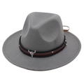 Detail of grey felt fedora featuring western bull skull ornament and metal studs - Kids One Size (54cm) / Gray