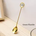 Creative gold dessert spoon with long handle and green fluorite crystal pendant - Green Fluorite Spoon - Gold