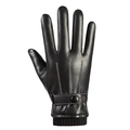 Black leather touchscreen gloves for men with white contrast stitching and knit cuffs - Men's PU White Triple-Stitch Ribbed