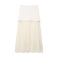 Women's cream white tiered mesh skirt featuring knitted top and pleated hem details - Cream White Skirt