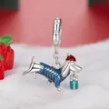 Christmas dachshund charm in 925 sterling silver with colorful enamel and cubic zirconia - Dachshund with Gift
