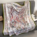 Elegant 110cm silk satin scarf with traditional floral and bird prints in beige and green - 110*110CM / Ivory White with Olive Green Flower Bird Print