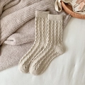 Cream cable-knit cashmere socks for women featuring thick winter ribbed texture - One Size / Light Coffee