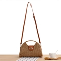 Natural paper straw half moon crossbody bag with brown leather flap and metal lock - Camel