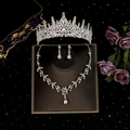 Elegant silver bridal jewelry set with crown necklace and earrings on blue velvet - Silver Style (ZUHE-025S)