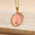 Bohemian 14K gold plated necklace featuring a pink heart zircon and oval enamel pendant - Heart Enamel Zircon
