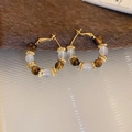 Detail of gold hoop earrings with amber tiger-eye beads and white semi-transparent stones - 21# Silver Pin - Gold Tiger Eye Beaded