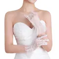 Elegant white lace bridal gloves with floral embroidery and pearl pleated cuffs - Lace Pearl White