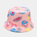 Close-up of pink bucket hat featuring colorful graffiti lip prints and reinforced stitching - M (56-58cm) / Pink