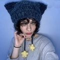 Handmade knitted cat ear beanie in dark blue featuring a yellow star ornament - Adult 56-59cm / Blue