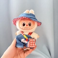 Labubu plush doll wearing denim overalls, a checkered hat and a small red checkered bag - Denim Puppy Overalls Set / First And Second Generation Keychains Are Compatible With La Cloth Dolls. Dolls Not Included.