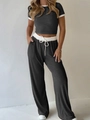 Dark charcoal two-piece ribbed knit lounge set with short sleeve top and wide-leg pants - Dark Gray