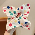 Plaid scrunchie with colorful dots and a handmade bow label for ponytail styling - Cream Multi Polka Dot Label