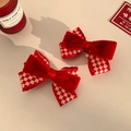 Pair of red velvet and checkerboard bow hair clips for women in elegant festive style - Plaid Bow Hair Clips Pair
