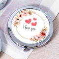 Polished silver portable compact mirror with I Love You floral heart design - Red Heart I Love You
