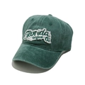 Close-up of Florida Original 01 embroidery on a vintage washed green cotton baseball cap - Dark Green