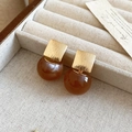 Detailed view of vintage brushed gold metal and amber resin ball drop earrings - Square Stud Style (5# Gold-Light Coffee)