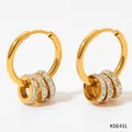 Elegant gold hoop earrings with white zircon charms and dangling polished metal rings - Pave Rhinestone Circle Drop Hoop Earrings (KDE432)