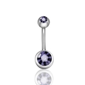 Silver stainless steel belly button ring featuring double faceted purple crystals - Purple
