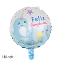 18 inch round Feliz Cumpleaños foil balloon featuring a blue narwhal ocean design - 18 Inch Spanish Happy Birthday - Blue Narwhal