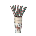 Christmas paper cups with reindeer patterns and red green striped straws set - Santa Claus Christmas Paper Straws