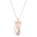 Macro detail of cat-shaped rose gold necklace pendant with pink stone and crystals - Cat Necklace / White K (N-077)
