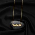 Golden Sagittarius zodiac nameplate necklace with artistic lettering on smooth stone - Sagittarius Gold
