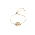 Detail of gold infinity bracelet with zircon inlay and adjustable bolo slider clasp - Box Chain / Gold