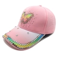 Detailed view of rainbow gradient rhinestone butterfly embroidery on pink baseball cap - M (56-58cm) / Pink