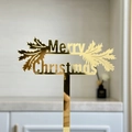 Détail de décoration de gâteau en acrylique miroir doré avec motif Merry Christmas - Merry Christmas Miroir Doré avec Feuilles