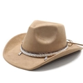 Close-up of tan suede cowboy hat with braided cords and silver boot-shaped charms - Camel Suede
